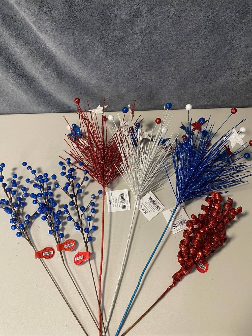 Set of 7 Patriotic Red, White & Blue Glitter Spray Picks